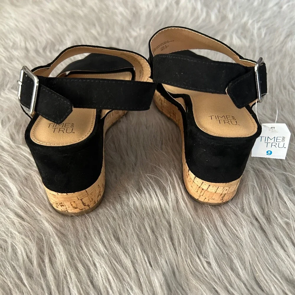 Time And Tru Wedge Sandals Womens Size 9 Black Heeled Sandals Open Toe Shoes